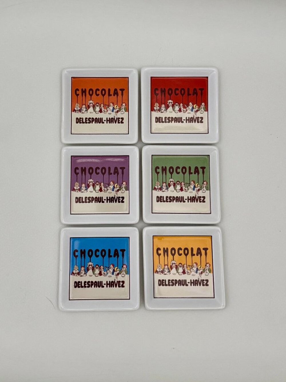 6 Pottery Barn Chocolate Theme Coasters Delespaul-Havez french chocolate factory